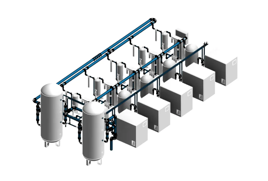 Industrial boiler system with tanks and pipework