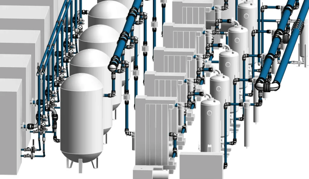 Industrial water treatment system with tanks and pipes