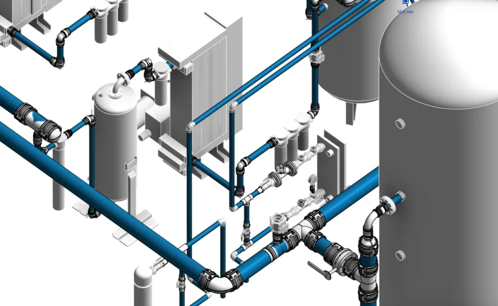 3D industrial piping system with tanks and valves